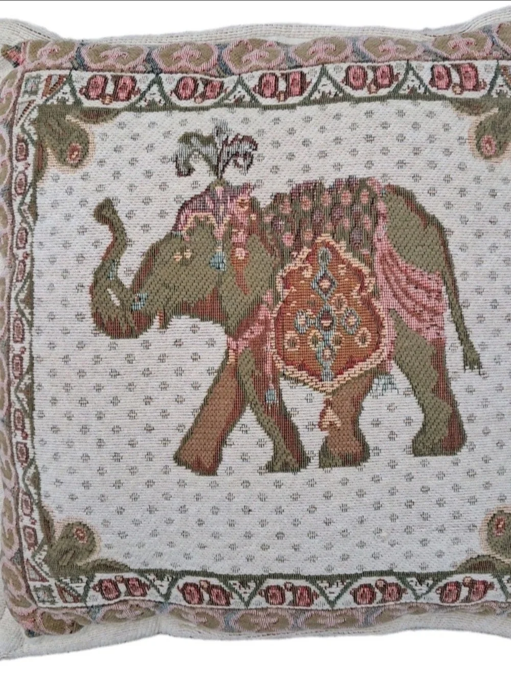 Embroidered Elephant Tapestry Pillow - Cream, Olive & Dusty Pink